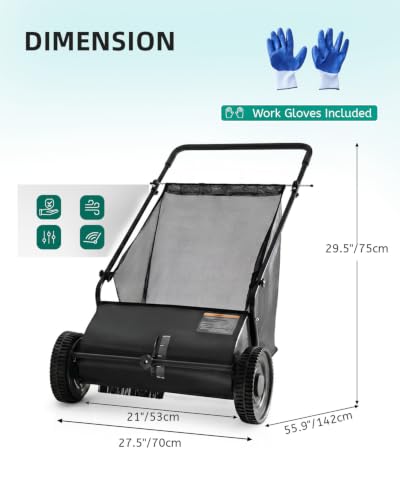Push Lawn Sweeper, 27.5 in Yard Sweeper with 6 cu ft Bag - color: Black, size: 27.5 in