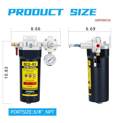 NANPU QC2 3/8" NPT Desiccant Air Dryer with Regulator and Gauge - size: 3/8" NPT