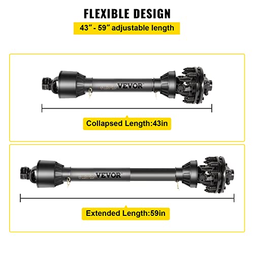 VEVOR PTO Shaft, 1-3/8" 6 Spline Tractor and Implement Ends PTO Driveline Shaft, Series 4 Tractor PTO Shaft, 43"-59" Brush Hog PTO Shaft with Slip Clutch Black, for Finish Mower, Rotary Cutter - size: 43"-59"