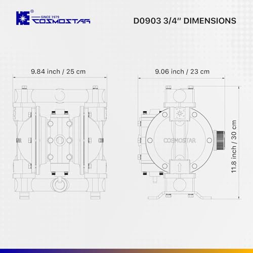 COSMOSTAR D0903 3/4" Double Air Diaphragm Pump, Aluminum Body, Teflon Ball, seat and Diaphragm, Pump Muffler, Pump, Chemical Pump, Waste Oil Pump, Pneumatic Oil Pump, Diaphragm Pumps - size: D0903 3/4" Aluminum
