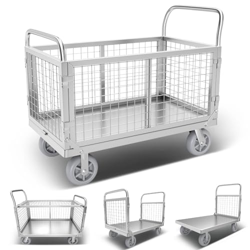 Platform Truck Cart with Cage, Multipurpose 6 in1 Foldable Flatbed Cart Heavy Duty Push Cart Dolly W/Swivel Wheels 2000lbs Capacity Utility Hand Cart for Grocery/Laundry/Stall/Storage - style: 39"x24" with High Fence