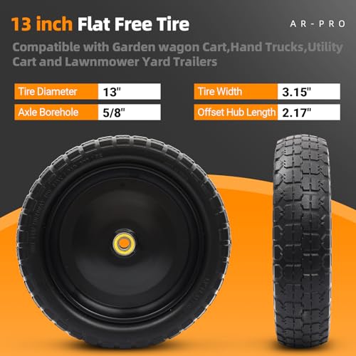 AR-PRO (4 Pack) 13" Flat Free Tire and Wheel, 5/8" Bore, 2.17" Offset Hub - size: 13" Solid Tire (4-Wheel)
