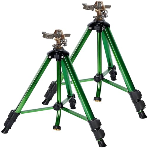 Biswing Impact Sprinkler Head on Tripod Base, Heavy Duty Lawn Sprinklers, 360 Degree Large Area Irrigation, Metal Sprinkler Nozzle & Solid Alloy Metal Extension Legs Flip Locks, 2 Pack - size: 2 Pack