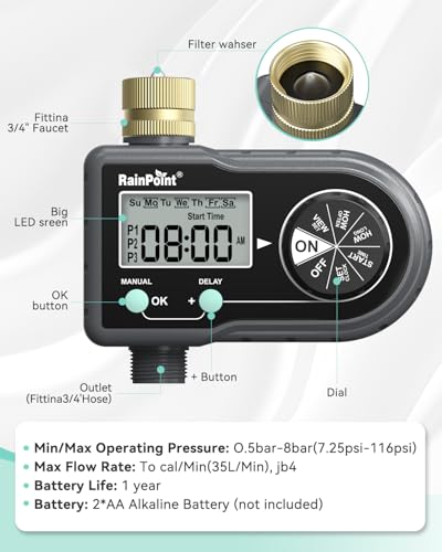 RAINPOINT Sprinkler Timer with 3 Individual Programs, Brass Inlet Water Timer for Garden Hose, Sprinkler Controller, Automatic/Manual Irrigation System for Lawn & Yard Watering, 1 Outlet