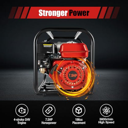 7.5HP Gasoline Water Pump 3 Inch 4-Stroke 196CC High Flow Irrigation Pump Air-Cooled Engine Portable Farm Garden Water Transfer Pump for Heavy Duty Water Movement