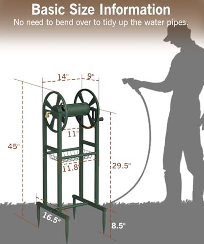 Garbuildman Ground Mount Garden Hose Reel Holds 125 Feet of 5/8-Inch with 3.9 ft Leader Hose, Brass Fitting, Water Hose Holder Stand with Storage Rack & 4 Spikes Base for Outdoor Lawn, Green - color: Green