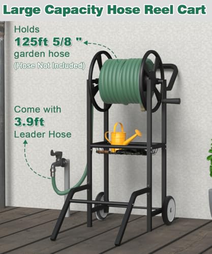 Artigarden Hose Reel Cart with 2 Wheels, Garden Water Hose Holder Heavy Duty Powder Coated Steel Outdoor Winder Storage Holds 125 ft 5/8" Hoses with Basket and 3.9ft Leader Hose for Backyard, Black - color: Black