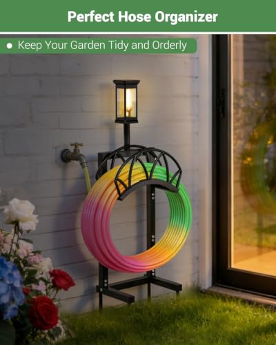 Garden Hose Holder with Solar Light, Freestanding Hose Stand for Outside - color: Carbon Black-with Solar Light