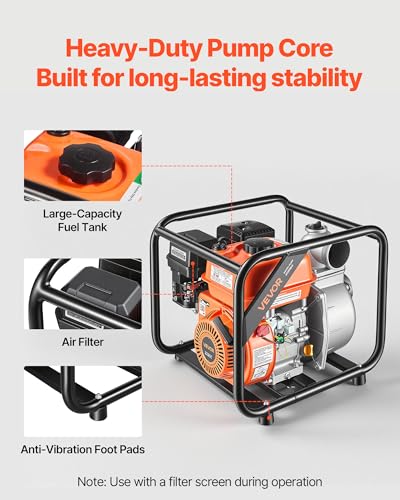 VEVOR Gas Powered Water Pump, 3 in, 242 GPM 7HP Semi Trash Water Transfer Pump Portable, Gasoline Engine with 25 ft Discharge Hose, Heavy Duty Frame, Cast Iron Impeller, for Irrigation, Ponds, Pools - size: 3in 7.0 HP 242GPM