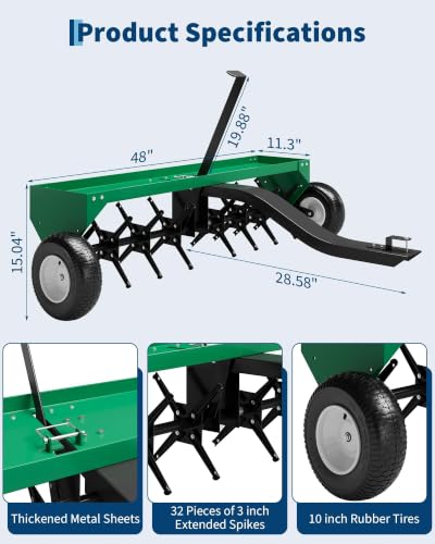 48" Tow Behind Lawn Plug Aerator with Universal Hitch, Green - color: Green-48 Inch