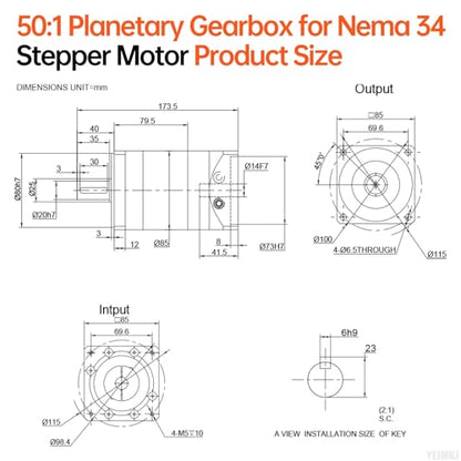 Ratio 50:1 Planetary Gearbox for Nema 34 Stepper Motor 85-134mm