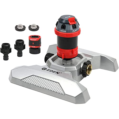 Eden 96122 Metal Base 6-Pattern Rotary Gear Drive Sprinkler | Quiet Operation, Adjustable Range, 5°- 360° Coverage, Flow-Through Design for Customized Watering, Quick Connect Starter Set Included