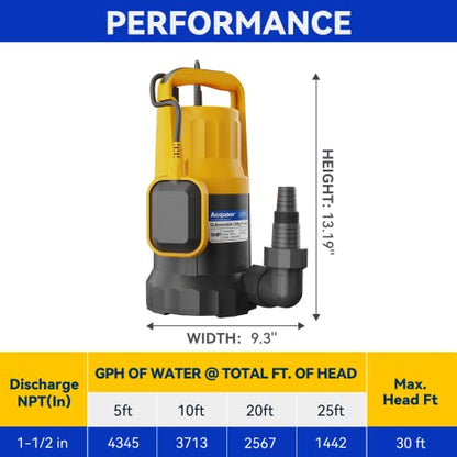 Acquaer 1HP Sump Pump, 4345GPH Utility Pump with Auto Float Switch - color: Light Yellow