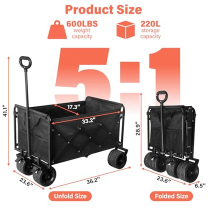 Collapsible Wagon Cart with All-Terrain Wheels - Folding Utility 600LBS Heavy Duty Wagons Carts for Grocery Sports Garden Shopping Camping Fishing (Black, 220L) - size: 600LBS