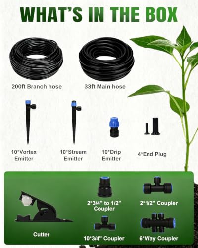 230FT Drip Irrigation System with 1/2" 1/4" Irrigation Tubing and Emitters - size: 232 FT
