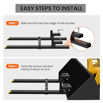 Garvee 60 in Clamp on Pallet Forks, 4,000 LBS Heavy Duty Fork Rack with Adjustable Stabilizer Bar for Loader Bucket Skid Steer Tractor