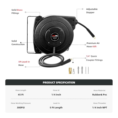 Retractable Air Hose Reel, 1/4 IN x 45 FT Hybrid Air Hose Max 300 PSI, Air compressor hose reel with 5 ft Lead in, Ceiling/Wall Mounted air hose reel,Heavy Duty air tool