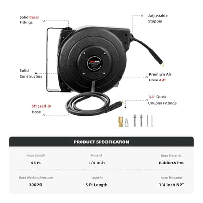 Retractable Air Hose Reel, 1/4 IN x 45 FT Hybrid Air Hose Max 300 PSI, Air compressor hose reel with 5 ft Lead in, Ceiling/Wall Mounted air hose reel,Heavy Duty air tool