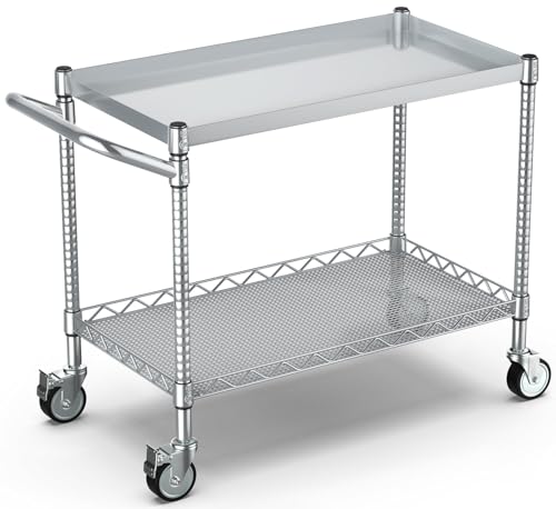 Utility Tool Cart with Wheel, 45In Large Rolling Utility Carts with Handle - color: 2-silver, size: 2 Tier
