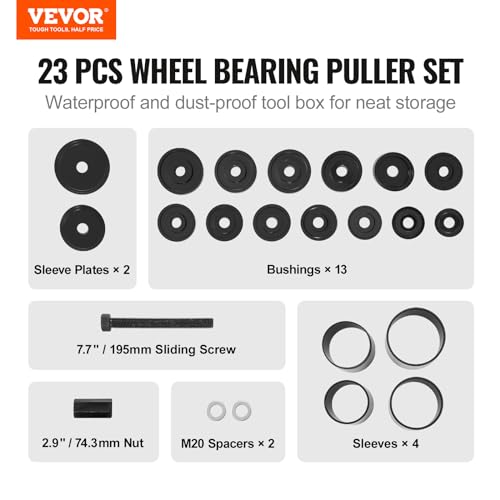 VEVOR Wheel Bearing Press Kit, 23 pcs FWD Bearing Puller Tools, for Front Wheel Drive Bearing Removal and Installation, Wheel Bearing Tool with Sliding Screws, Bushings, Sleeve Plates, Storage Case