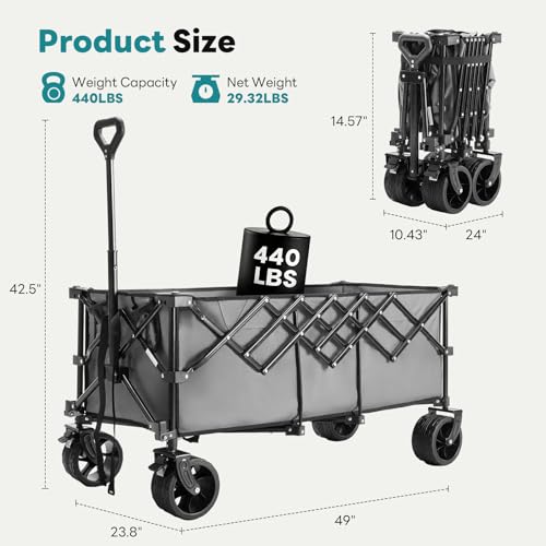 OLIXIS 49" L Collapsible Wagon 440lbs, Folding Wagon Cart with Wheels, Grey - color: Gray