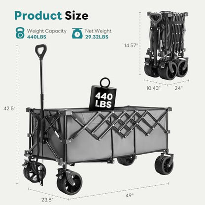 OLIXIS 49" L Collapsible Wagon 440lbs, Folding Wagon Cart with Wheels, Grey - color: Gray