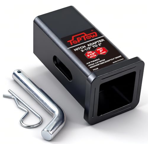 TOPTOW Trailer Hitch Adapter 2-1/2" to 2" Hitch Reducer, Slot Pin Hole | Carbon Steel, Upgraded Hitch Sleeve, 5/8 inch Pin & Clip Included