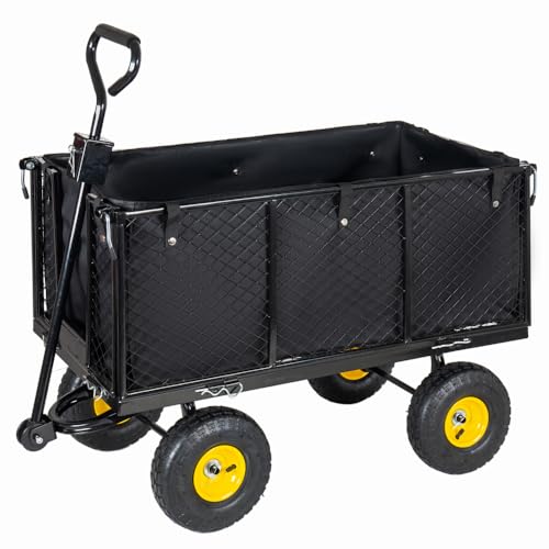 880LBS Capacity Steel Garden Dump Cart Oversized Heavy Duty, Utility Wagon All-Terrain Wheels Metal Flatbed Hauler Removable Liner Tray (Black) - color: Black