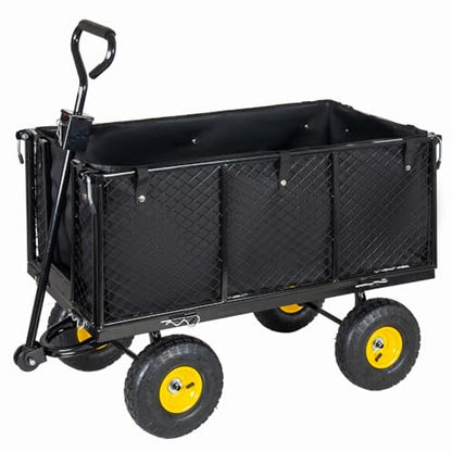 880LBS Capacity Steel Garden Dump Cart Oversized Heavy Duty, Utility Wagon All-Terrain Wheels Metal Flatbed Hauler Removable Liner Tray (Black) - color: Black