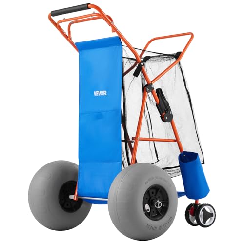 VEVOR Beach Cart with Large Wheels for Sand, 165 lbs Load Capacity, Heavy Duty Folding Beach Wagon with 12" Balloon Wheels, Insulated Cooler Bag, Umbrella Holder, Holds 4 Chairs for Camping & Fishing - size: w/ Insulated Cooler Bag, style: 12" Balloon Whe