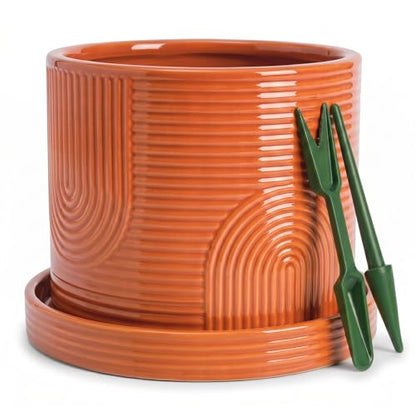 6 Inch Ceramic Plant Pot with Drainage Hole & Tray – Terracotta - color: Terracotta