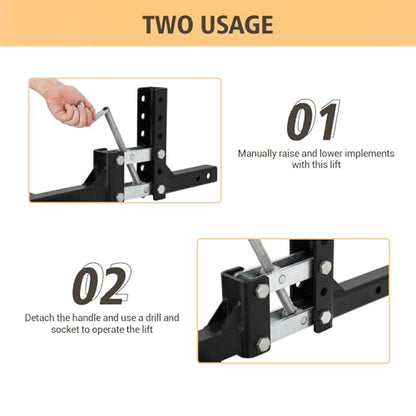 Manual Implement Lift, 1 Point and 2 Inch Receiver, 50 in, Adjustable Height, UTV ATV Rake Scrape Blade Plow Disc Universal Tow Behind Attachments