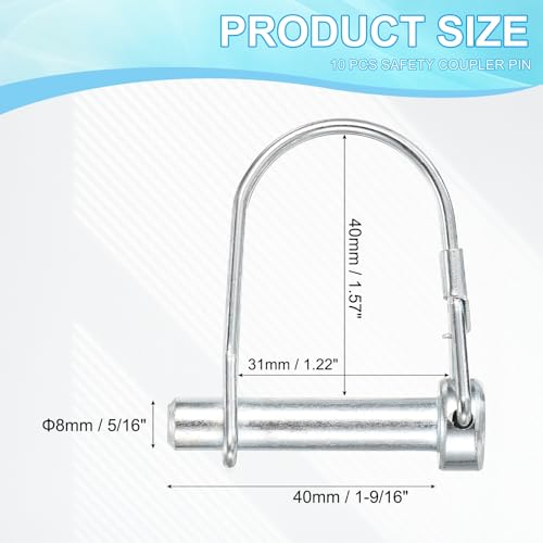 PATIKIL Trailer Coupler Pin 5/16" x1-9/16, 10 Pcs Wire Lock Safety Shaft Locking Round Pto Pins for Farm Trailers Lawn Hitches Garden Tractor Kayak Boat, Silver (8x40mm) - size: 5/16"x1-9/16"