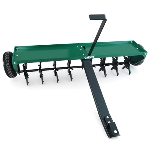 48" Tow Behind Lawn Plug Aerator with 30 Galvanised Steel Tines, Heavy Duty Pull Behind Plug Aerator with Universal Hitch, 3 in Spikes, Inflatable Wheels & Tray for Gardens, Lawns, Farms, Green - color: Green