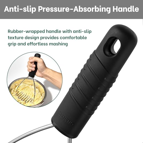 Beneno Ergonomic Soft Grip Stainless Steel Potato Masher, Black - color: Black