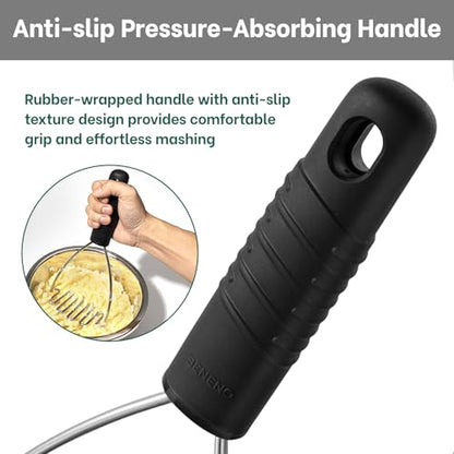Beneno Ergonomic Soft Grip Stainless Steel Potato Masher, Black - color: Black