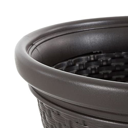 Suncast Decorative Wicker Garden Hose Holder Pot with 4 Drain Holes for 100 Foot Hoses, Java
