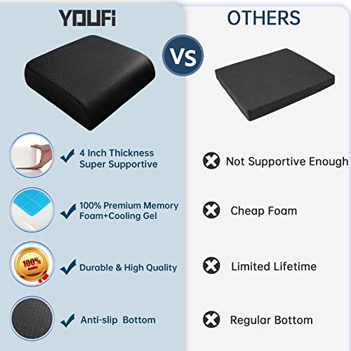 YOUFI Thick Memory Foam & Gel Seat Cushion, 18"X16"X4" Large Chair Cushion for Wheelchair Mobility Scooters, with Non-Slip Bottom and Carry Handle (Black) - color: Black