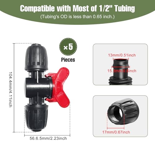 5 Pack 1/2 Inch Drip Irrigation Fittings Shut Off Valve for 1/2 Inch Drip Irrigation Tubing (1/2" ID x 0.60"-0.65" OD), Anti-Leak 1/2'' Drip Line Barbed Ball Valve Coupling Valve for Most 1/2" Tubing - size: 5 Pack 1/2" Shut Off Valve