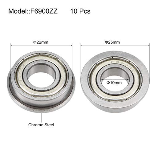 uxcell F6900ZZ Flanged Ball Bearing 10mmx22mmx6mm Double Shielded Chrome Steel Deep Groove Bearings 10pcs - size: 10x22x6mm