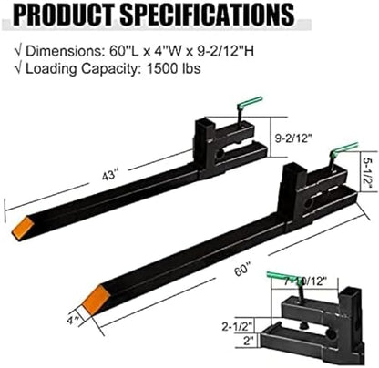 Clamp On Debris Forks To 48-60" Bucket, 4,6-Tine Clamp On Pallet Forks Bucket Forks Attachments, Ideal For Loader, Tractor Buckets, Skidsteer,60''with Stabilizer Bar 1500LBS - size: 60''with Stabilizer Bar 1500LBS