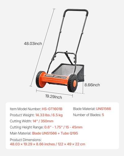 VEVOR Push Reel Lawn Mower 14 inch, 5 Blades Manual Push Mower No Motor, 0.6-1.75 in Adjustable Cutting Height, Walk-Behind Lawn Mowers with Grass Catcher Bag for Green Lawns, Driveways, Courtyards - size: 14 inch