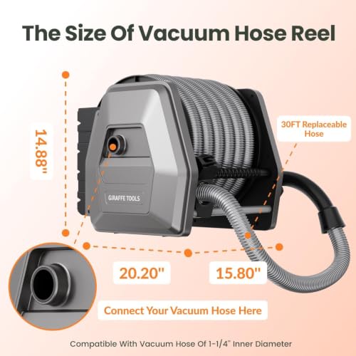 Giraffe Tools Vacuum Hose Reel with 30ft Extension Retractable Hose1-1/4''