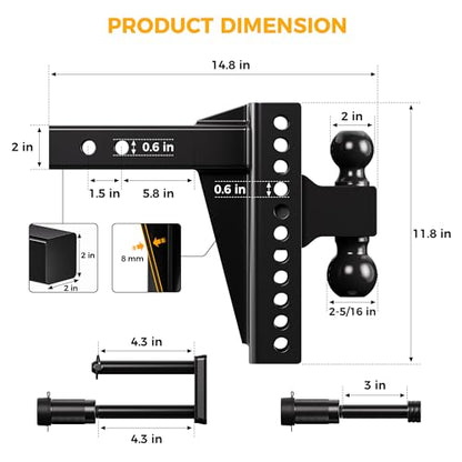 CAMMOO Adjustable Trailer Hitch for 2 inch Receiver 8 inch Rise/Drop Hitch - size: 2"x8"