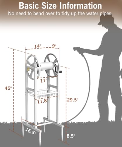 Garbuildman Ground Mount Garden Hose Reel Holds 125 Feet of 5/8-Inch with 3.9 ft Leader Hose, Brass Fitting, Water Hose Holder Stand with Storage Rack & 4 Spikes Base for Outdoor Lawn, White - color: White
