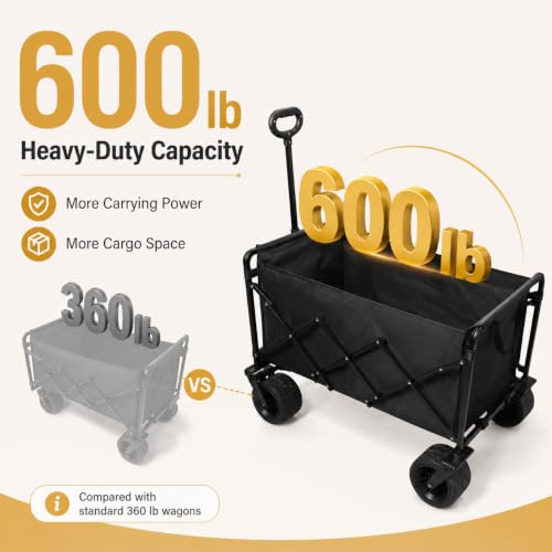 Wagons Carts Foldable Heavy Duty, 600 lb Tank Wheel Wagon with Brakes - color: Light Black