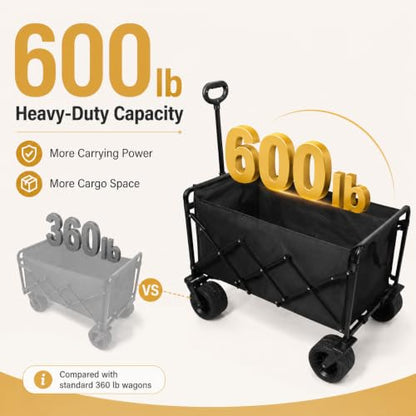 Wagons Carts Foldable Heavy Duty, 600 lb Tank Wheel Wagon with Brakes - color: Light Black