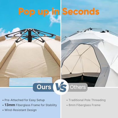 Golabs BT1 Pop up Beach Tent for 3 Person, 1-Min Setup by Pre-Attached Pole - color: CAMEL