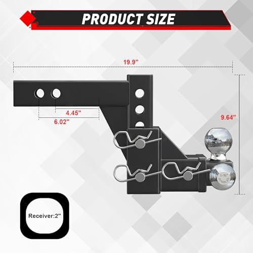 TYT Adjustable Tri-Ball Trailer Hitch for 2 inch Receiver, 5" Drop/Rise, Triple Balls (1-7/8", 2", 2-5/16"), 10,000 lbs GTW, 1,000 lbs TW, Includes Hitch Pin Lock & Tri Pins - size: Tri-Ball, 5" Drop/Rise