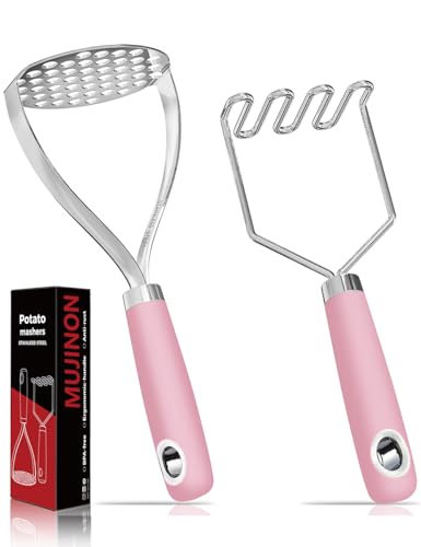 18/0 Stainless Steel Pink Potato Mashers, 10.7-in Kitchen Masher Tool for Avocado Vegetable Sauce Butter, Heavy Duty, Dishwasher Safe, Pack of 2 - color: Pink